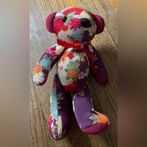 Vintage Moveable Floral Patterned Plush Bear with Red Bow